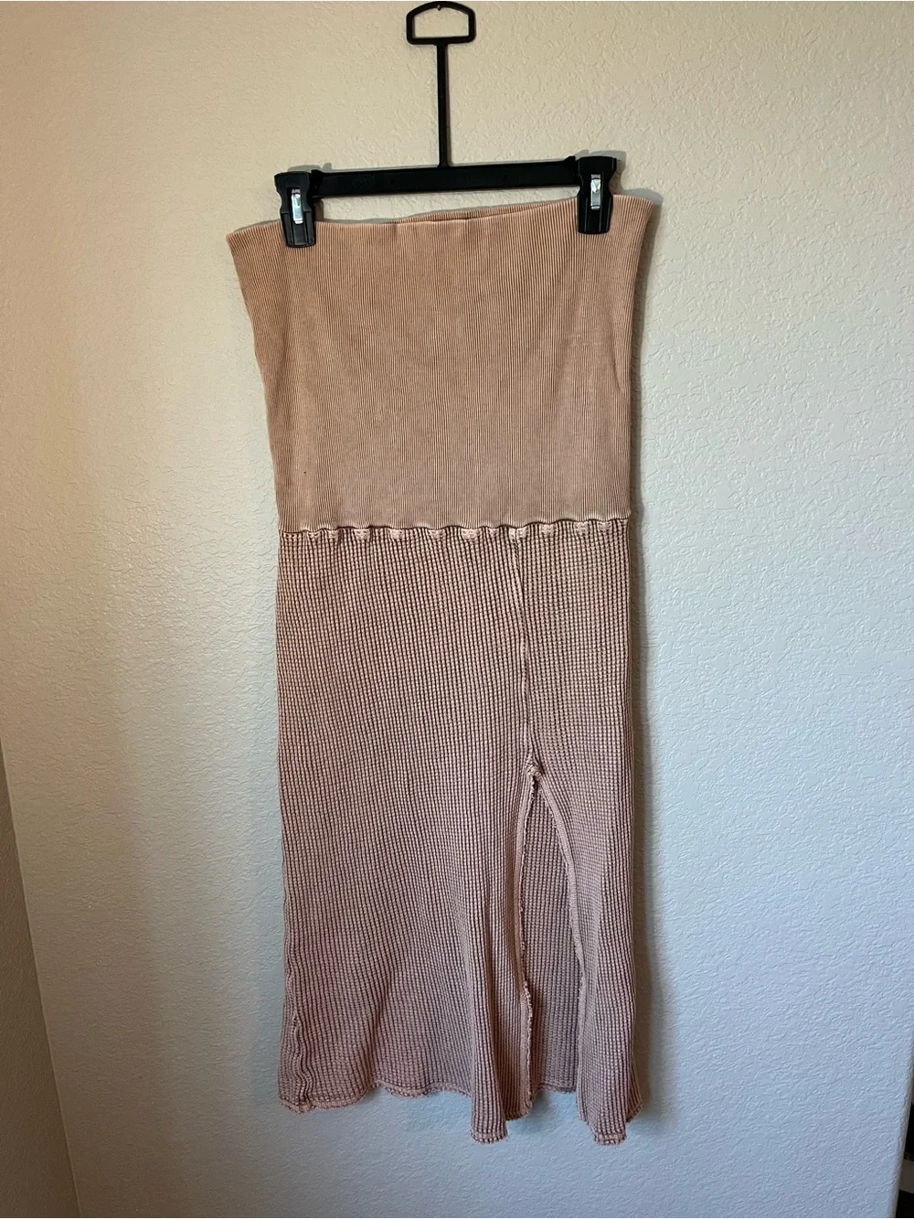 Free People FP One Thermal Waffle Knit Maxi Skirt Large Taupe Foldover Boho Fall